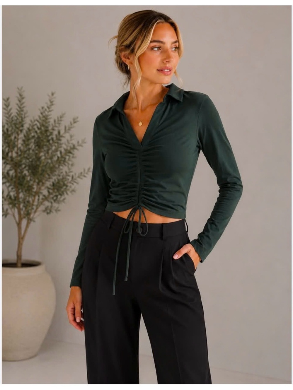 Zara Ruched Long-Sleeve Collared Crop Top - Dark Green size M